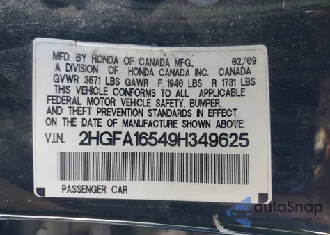 2009 Honda Civic Lx из США, поврежденный, VIN 2HGFA16549H349625